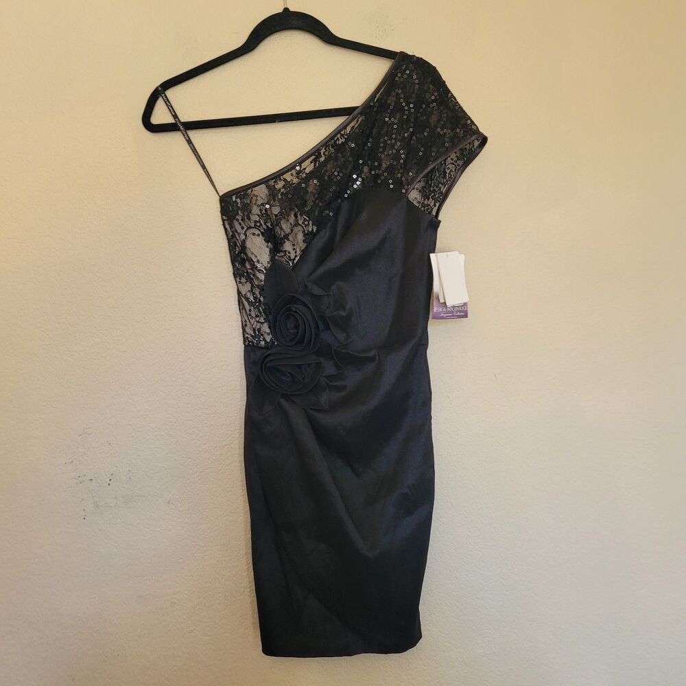 Vtg Jessica Mcclintock One Shoulder Black Satin Dress 6 Lace Sequin Rosette Mini